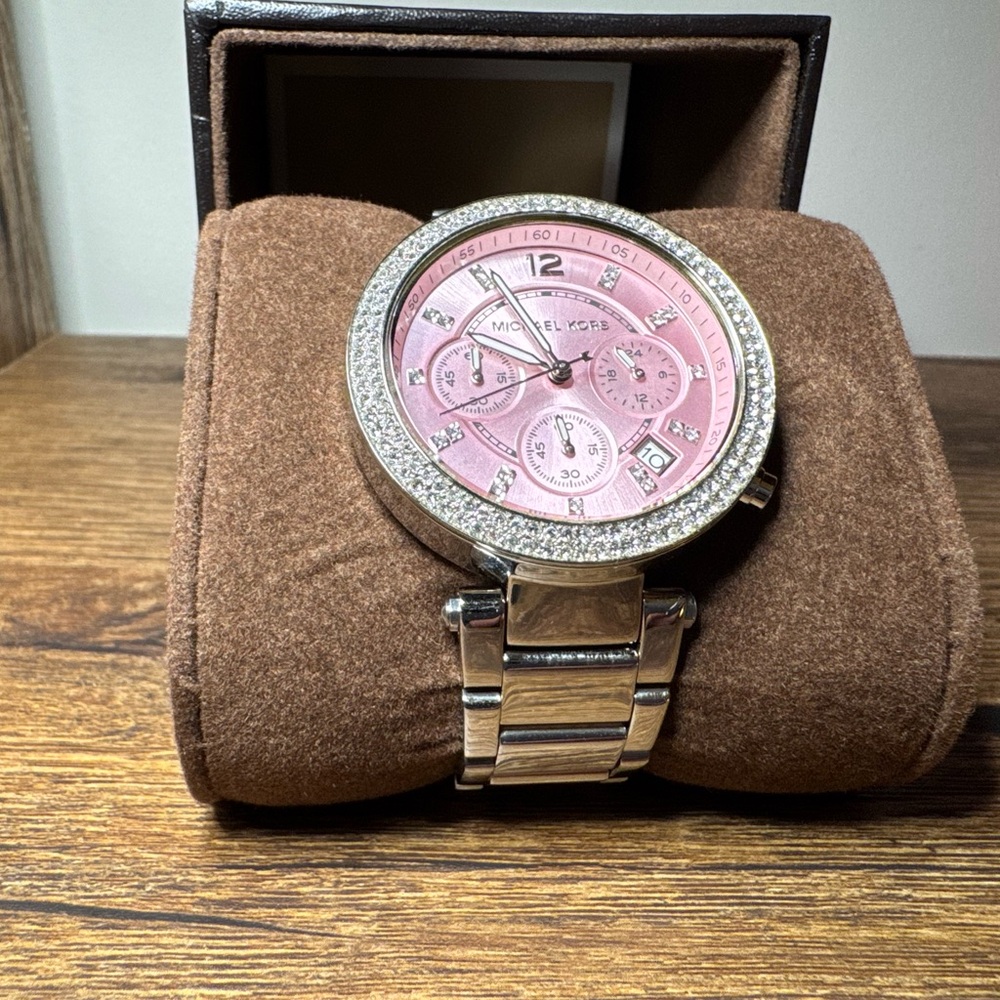 SOLD Michael Kors Silver Watch with Pink Dial